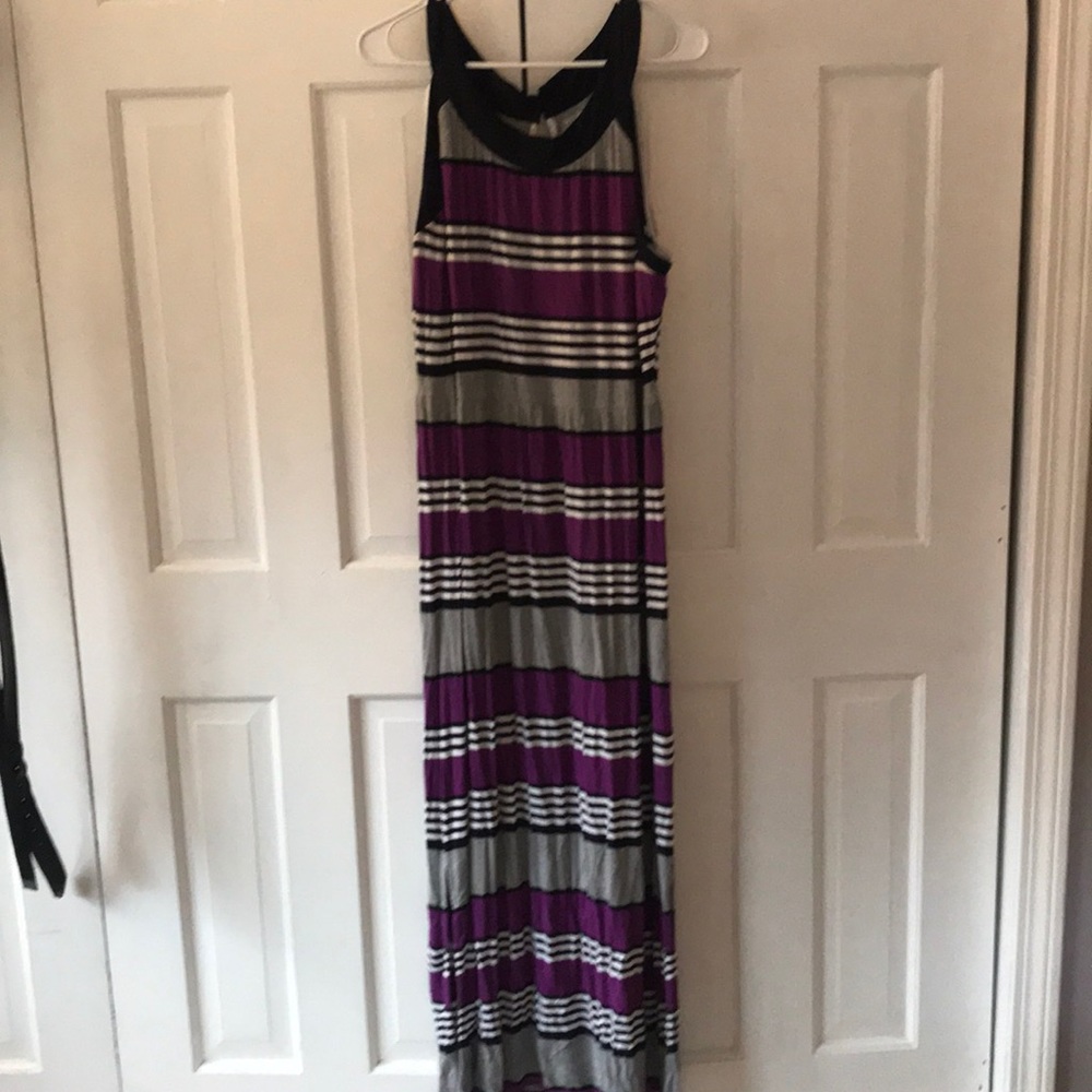 Striped maxi dress, Sz 1X, purple, white, black, and grey